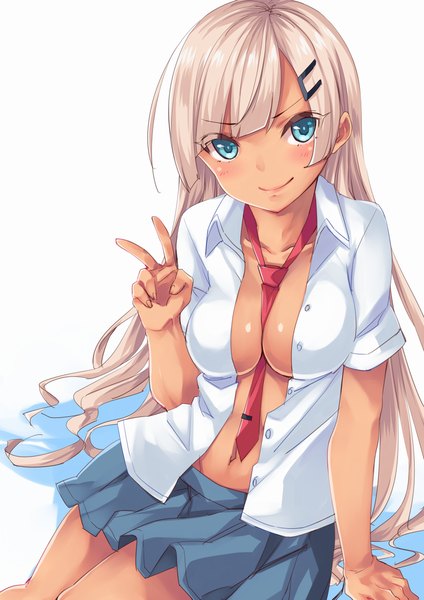 Anime picture 867x1227 with original arios (orochi yuta) single long hair tall image looking at viewer blush fringe breasts blue eyes light erotic simple background blonde hair smile white background pleated skirt open clothes open shirt dark skin victory