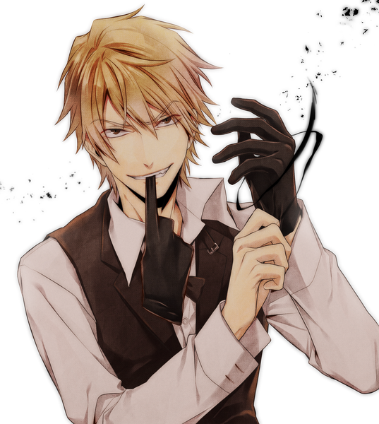 Anime picture 1500x1676 with durarara!! brains base (studio) heiwajima shizuo itohara single tall image short hair blonde hair simple background smile white background holding brown eyes teeth mouth hold adjusting clothes adjusting gloves glove in mouth boy gloves