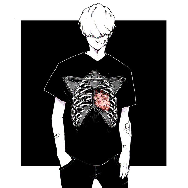 Anime picture 800x800 with original meiya1230 single short hair standing monochrome hands in pockets hair over eyes bandaid on face spot color bandaid on arm boy t-shirt bandaid