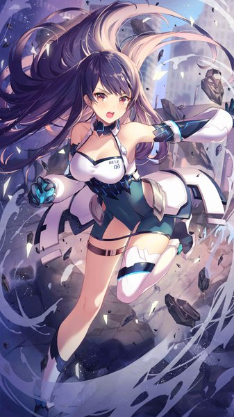 Anime picture 1152x2048 with girl cafe gun shi wuxia criin single long hair tall image looking at viewer blush fringe breasts open mouth light erotic black hair red eyes large breasts standing bare shoulders payot full body bent knee (knees)