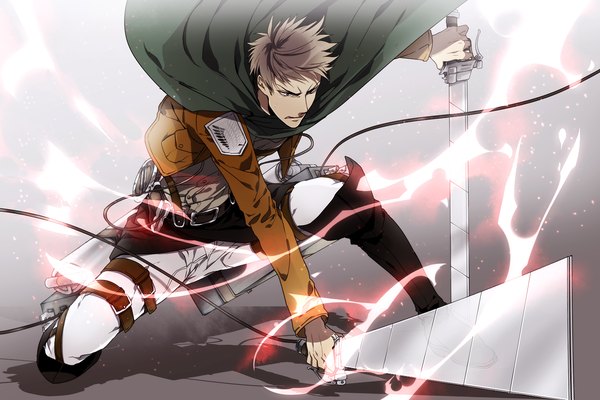 Anime picture 1500x1000 with shingeki no kyojin production i.g jean kirstein kai28 single short hair brown hair holding grey eyes dual wielding boy weapon sword jacket belt thigh strap cape pants flame rope