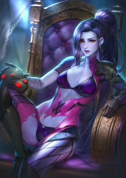Anime picture 2480x3508 with overwatch blizzard entertainment widowmaker (overwatch) nudtawut thongmai single long hair tall image looking at viewer blush highres breasts light erotic sitting yellow eyes cleavage purple hair bent knee (knees) ponytail indoors parted lips