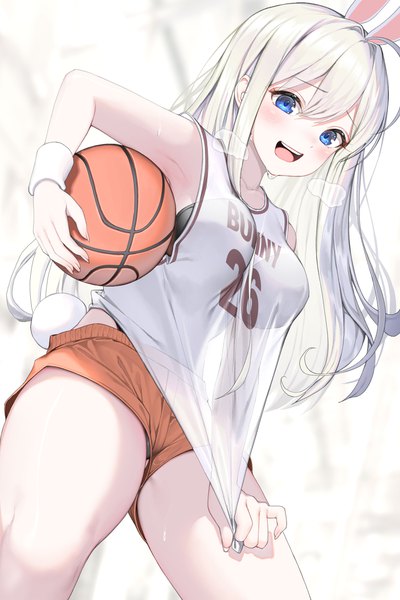 Anime picture 1667x2500 with original lee seok ho single long hair tall image blush fringe breasts open mouth blue eyes light erotic smile hair between eyes standing holding animal ears looking away ahoge white hair tail