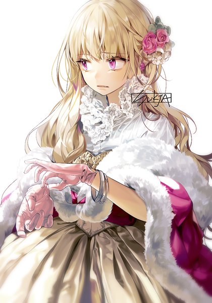 Anime picture 700x1000 with original sorolp single long hair tall image fringe simple background blonde hair standing white background signed looking away blunt bangs pink eyes hair flower fur trim girl dress gloves flower (flowers)