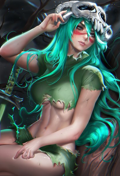 Anime picture 1026x1500 with bleach studio pierrot nelliel tu odelschwanck sakimichan single long hair tall image looking at viewer fringe breasts light erotic hair between eyes sitting parted lips arm up fingernails green hair lips realistic no bra