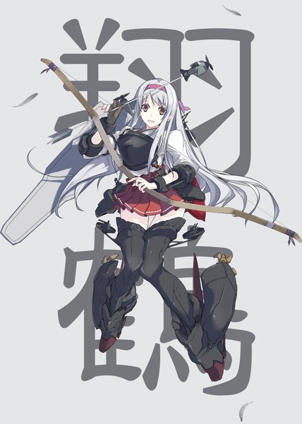 Anime picture 1427x2000 with kantai collection shoukaku aircraft carrier hamashin single long hair tall image looking at viewer open mouth brown eyes silver hair full body weightlessness girl skirt weapon miniskirt armor bandana bow (weapon) arrow (arrows)