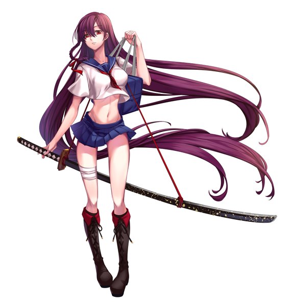 Anime picture 1905x2000 with original jh single tall image looking at viewer fringe highres breasts hair between eyes red eyes holding purple hair full body braid (braids) very long hair parted lips pleated skirt light smile bare belly midriff