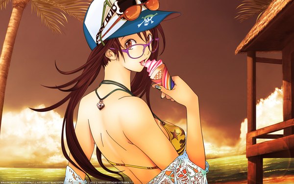 Anime picture 1920x1200 with air gear toei animation noyamano ringo single long hair highres light erotic brown hair wide image brown eyes cloud (clouds) looking back wallpaper beach evening sunset sunglasses on head girl hat water