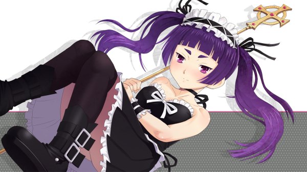 イラスト 1200x675 と 青の祓魔師 a-1 pictures kamiki izumo 長髪 wide image ツインテール 肩出し purple hair ピンク目 lolita fashion 女の子 ストッキング ドレス 黒ストッキング ブーツ 被り物 ホワイトブリム ステッキ