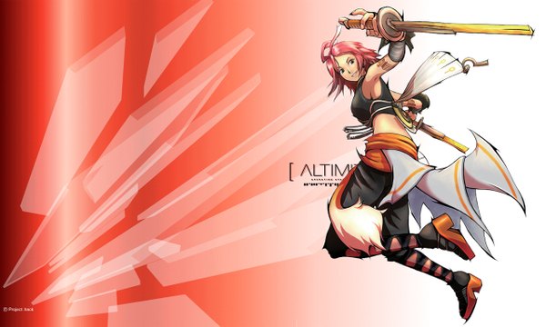 Anime picture 1280x768 with .hack// .hack//g.u. yowkow (.hack//) single looking at viewer short hair wide image holding brown eyes full body red hair dual wielding girl weapon sword