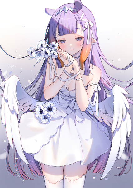 Anime picture 1311x1844 with virtual youtuber hololive hololive english ninomae ina'nis yenkoes single long hair tall image blush standing purple eyes purple hair zettai ryouiki gradient background looking down shaded face strap slip hands clasped white wings tentacle hair