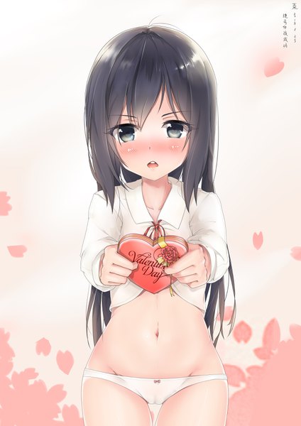 Anime-Bild 2480x3507 mit kantai collection asashio destroyer kuriko single long hair tall image looking at viewer blush fringe highres open mouth light erotic black hair hair between eyes standing signed black eyes bare belly embarrassed gradient background