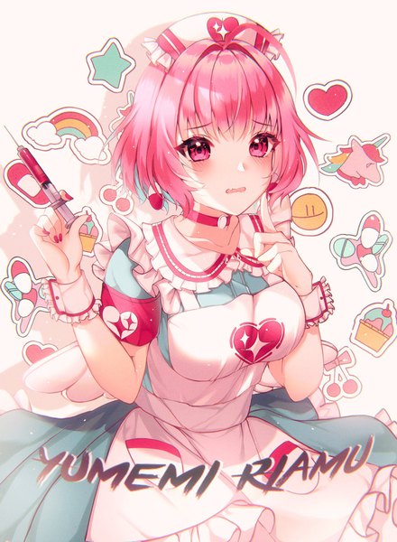 Anime picture 1502x2048 with idolmaster idolmaster cinderella girls yumemi riamu kiyochii single tall image looking at viewer blush fringe short hair breasts open mouth large breasts standing white background holding pink hair ahoge nail polish pink eyes