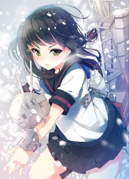 Anime picture 960x1335 with kantai collection fubuki destroyer mayuzaki yuu single tall image looking at viewer blush short hair open mouth black hair green eyes snowing winter exhalation girl uniform weapon school uniform gun sailor suit