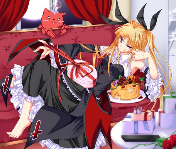 Anime picture 1300x1100 with blazblue rachel alucard gii sayo wini long hair blush blonde hair red eyes twintails lying one eye closed barefoot wink loli girl dress ribbon (ribbons) bow hair bow detached sleeves