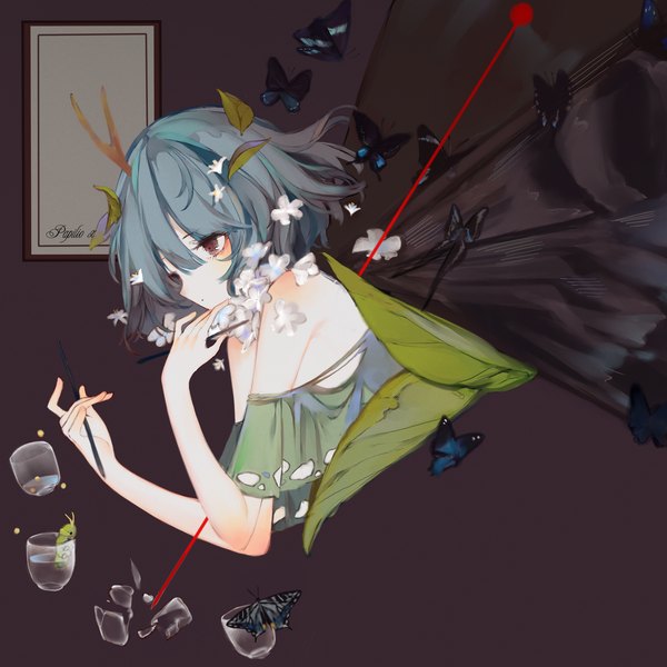 Anime picture 2500x2500 with touhou eternity larva zhixie jiaobu single fringe highres short hair hair between eyes brown eyes blue hair upper body looking down insect wings butterfly wings girl flower (flowers) wings insect butterfly debris