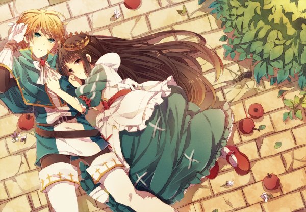 Anime picture 1200x830 with sound horizon marchen schneewittchen tettere sousouman long hair short hair black hair blonde hair brown eyes green eyes lying couple girl dress boy fruit crown apple