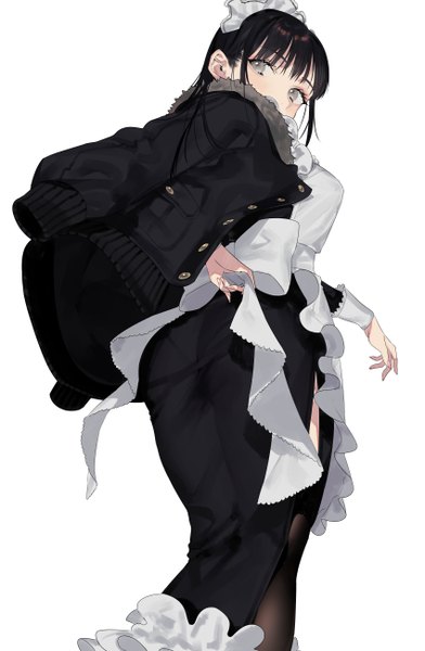 Anime picture 1700x2600 with original naomasap single long hair tall image fringe breasts light erotic black hair simple background standing white background looking away blunt bangs fingernails from behind from below maid grey eyes fur trim