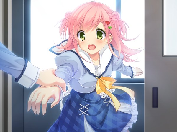 イラスト 1680x1260 と sakura no reply tsukimori chiyoko 赤面 短い髪 開いた口 緑の目 ピンク髪 game cg 女の子 制服 学生服