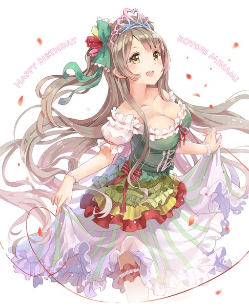 Anime picture 1191x1469 with love live! school idol project sunrise (studio) love live! minami kotori 77gl single long hair tall image blush open mouth brown hair yellow eyes looking away one side up happy birthday girl dress hair ornament ribbon (ribbons) hair ribbon