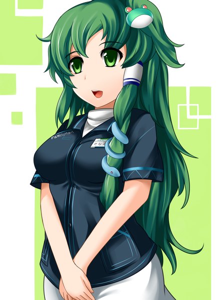 Anime-Bild 1400x1900 mit touhou kochiya sanae yoshimo single long hair tall image open mouth green eyes green hair girl hair tubes snake