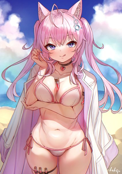 Anime picture 868x1228 with virtual youtuber hololive hakui koyori arpeggio kaga single long hair tall image looking at viewer fringe breasts blue eyes light erotic hair between eyes large breasts twintails animal ears pink hair sky cloud (clouds) ahoge