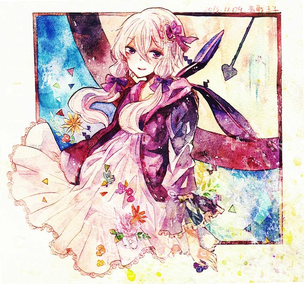 Anime picture 1182x1104 with vocaloid yuzuki yukari shiratsuyu single long hair looking at viewer purple eyes twintails purple hair low twintails traditional media watercolor (medium) girl hair ornament flower (flowers) bow hair bow