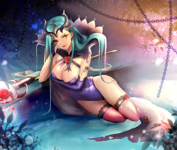Anime picture 1411x1200 with league of legends emilia leblanc nal (artist) single long hair looking at viewer breasts light erotic large breasts light smile aqua hair orange eyes tattoo girl thighhighs earrings staff clothes