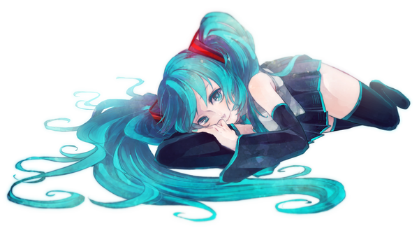 Anime picture 1748x1000 with vocaloid hatsune miku rakend single looking at viewer highres simple background wide image white background twintails bare shoulders lying very long hair aqua eyes aqua hair girl detached sleeves