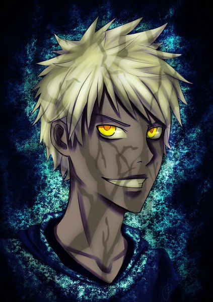 Anime picture 750x1064 with rise of the guardians dreamworks jack frost (rise of the guardians) tagme (artist) single tall image looking at viewer short hair blonde hair smile yellow eyes lips dark skin portrait eyebrows dark persona boy sweater