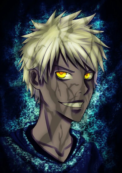 Anime-Bild 750x1064 mit rise of the guardians dreamworks jack frost (rise of the guardians) tagme (artist) single tall image looking at viewer short hair blonde hair smile yellow eyes lips dark skin portrait eyebrows dark persona boy sweater