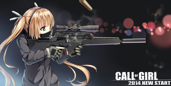 Anime picture 2130x1080 with original hagi (ame hagi) single long hair highres blue eyes blonde hair wide image twintails profile dark background girl gloves weapon headphones gun mask