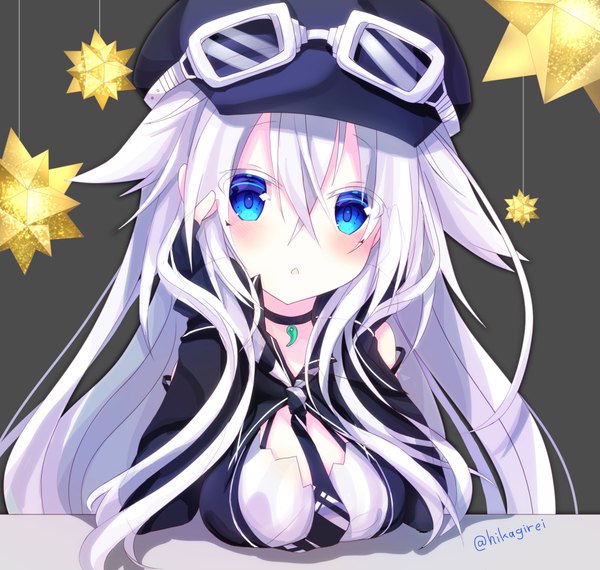 Anime picture 947x900 with original luna shuverutse yamine kuro single long hair looking at viewer blush fringe breasts blue eyes simple background hair between eyes upper body white hair long sleeves grey background goggles on head hands on face breast rest girl