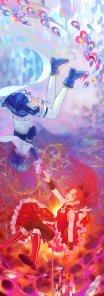Anime picture 2126x6000 with mahou shoujo madoka magica shaft (studio) sakura kyouko miki sayaka sarie (zyy842434511) long hair tall image highres short hair red eyes multiple girls blue hair ponytail red hair outstretched hand magical girl girl thighhighs black thighhighs 2 girls