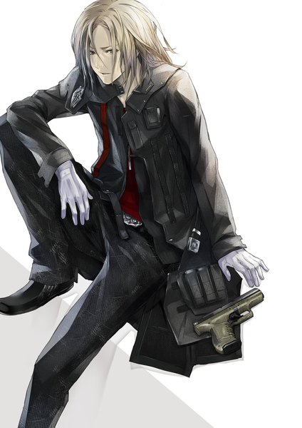 Anime picture 1280x1810 with guilty crown production i.g tsutsugami gai redjuice single long hair tall image open mouth blue eyes simple background blonde hair white background sitting boy gloves weapon shoes jacket belt gun
