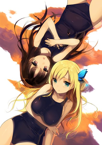 Anime picture 600x848 with boku wa tomodachi ga sukunai kashiwazaki sena mikazuki yozora sasamori tomoe long hair tall image looking at viewer blush fringe breasts open mouth blue eyes light erotic blonde hair brown hair large breasts purple eyes lying from above on back