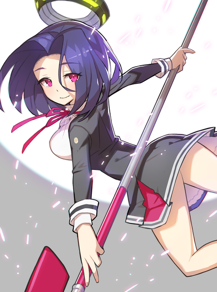 Anime picture 1117x1500 with kantai collection tatsuta light cruiser saitou naoki single tall image looking at viewer short hair smile purple hair pink eyes looking back grey background spread arms girl weapon mechanical halo