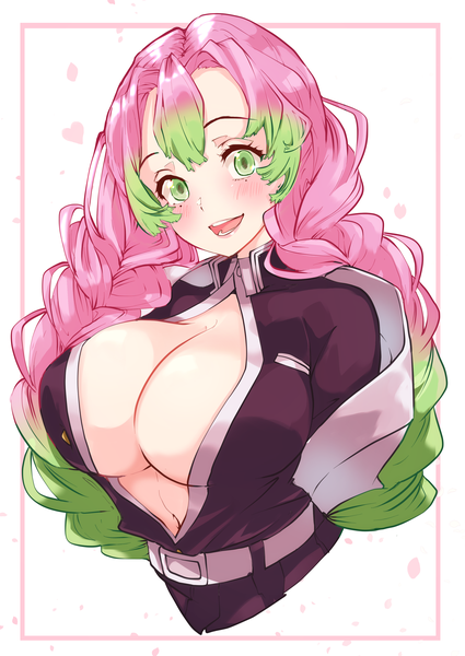 Anime picture 2508x3541 with kimetsu no yaiba ufotable kanroji mitsuri risumi (taka-fallcherryblossom) single long hair tall image looking at viewer blush fringe highres breasts open mouth light erotic hair between eyes large breasts white background green eyes pink hair upper body