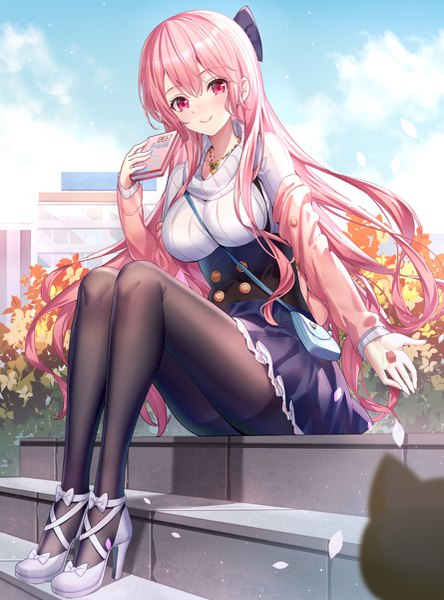 Anime picture 889x1200 with original emily stock ririko (zhuoyandesailaer) single long hair tall image looking at viewer blush fringe breasts smile hair between eyes sitting holding pink hair sky cloud (clouds) full body bent knee (knees) outdoors