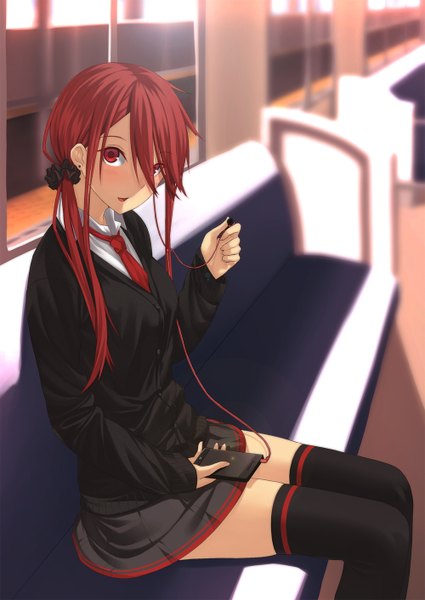 Anime picture 1000x1412 with original mikazuchi zeus single long hair tall image looking at viewer open mouth red eyes sitting red hair hand on headphones girl thighhighs skirt black thighhighs headphones