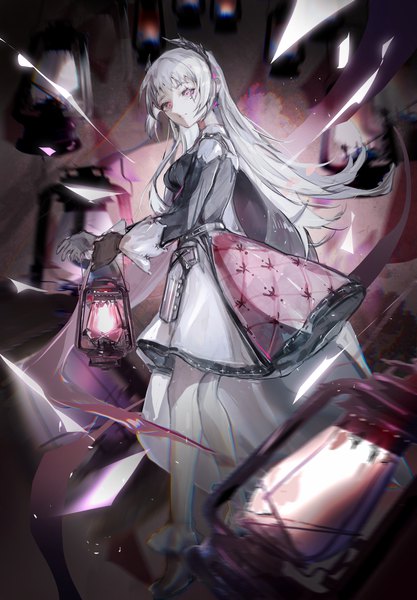 Anime picture 2500x3597 with arknights irene (arknights) nininisama single long hair tall image highres looking away silver hair full body pink eyes horn (horns) girl lantern