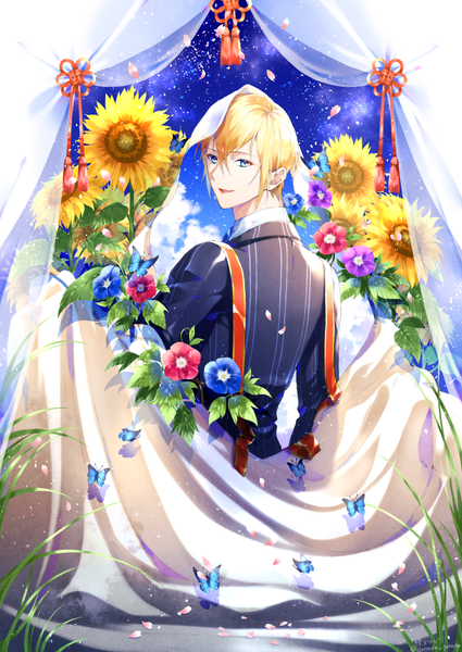 Anime picture 708x1000 with touken ranbu nitroplus yamanbagiri kunihiro mou (mooooow) single tall image fringe short hair blue eyes blonde hair hair between eyes from behind double exposure sky print boy flower (flowers) petals insect butterfly sunflower
