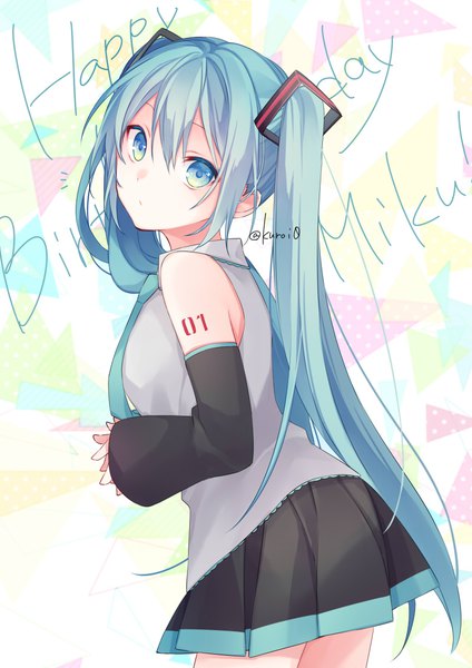 Anime picture 800x1131 with vocaloid hatsune miku kuroi (liar-player) single long hair tall image looking at viewer fringe hair between eyes twintails signed pleated skirt aqua eyes aqua hair character names twitter username turning head happy birthday girl skirt