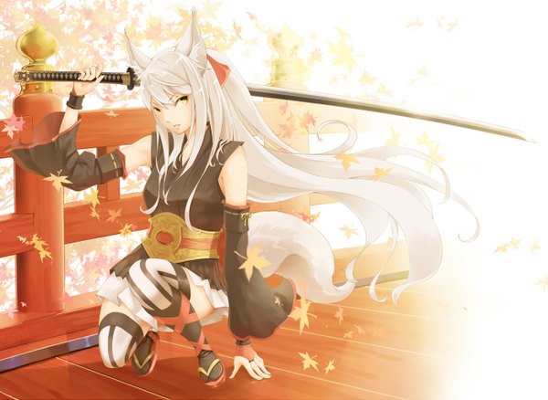 Anime picture 1300x950 with original ryouku single long hair yellow eyes white hair traditional clothes japanese clothes fox ears fox tail fox girl girl thighhighs weapon sword katana leaf (leaves)