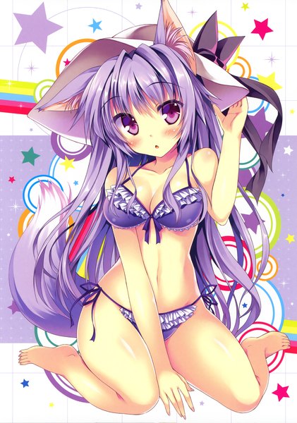 Anime picture 2106x3000 with original tateha (marvelous grace) single long hair tall image blush highres breasts open mouth light erotic purple eyes animal ears purple hair tail animal tail girl navel bow swimsuit hat