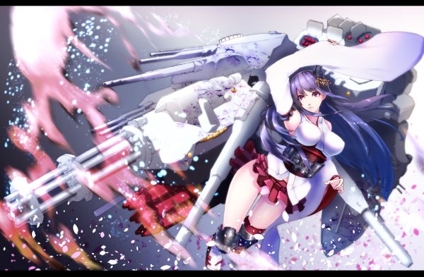 Anime picture 1300x853 with kantai collection fusou battleship big.g single long hair blush breasts light erotic red eyes large breasts purple hair long sleeves traditional clothes japanese clothes pleated skirt wide sleeves arms up cherry blossoms letterboxed miko