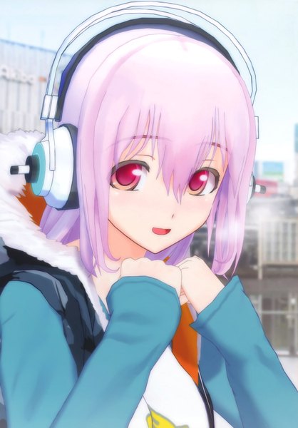 Anime picture 4870x6991 with nitroplus super sonico tsuji santa long hair tall image looking at viewer highres open mouth red eyes pink hair absurdres girl jacket headphones