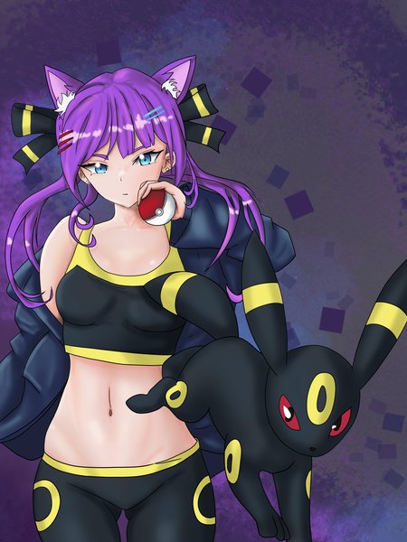 Anime picture 4320x5760 with pokemon original nintendo umbreon rainbow d fox single long hair tall image looking at viewer fringe highres blue eyes light erotic simple background standing holding absurdres purple hair blunt bangs arm up