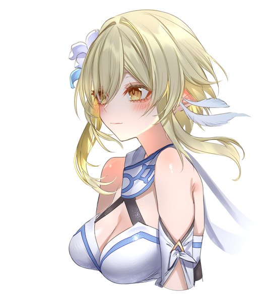 Anime picture 2000x2300 with genshin impact lumine (genshin impact) pottsness single tall image blush fringe highres short hair breasts simple background blonde hair hair between eyes large breasts white background yellow eyes looking away cleavage upper body wind
