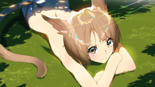 Anime picture 2560x1440 with final fantasy final fantasy xiv square enix miqo'te tom skender single looking at viewer highres short hair light erotic smile brown hair wide image brown eyes animal ears tail lying animal tail sunlight cat ears